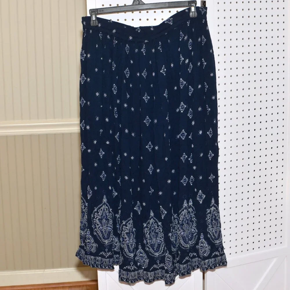 Plus Size 1X The Vermont Country Store Navy Blue Crinkle Full Maxi Skirt - Picture 5 of 14